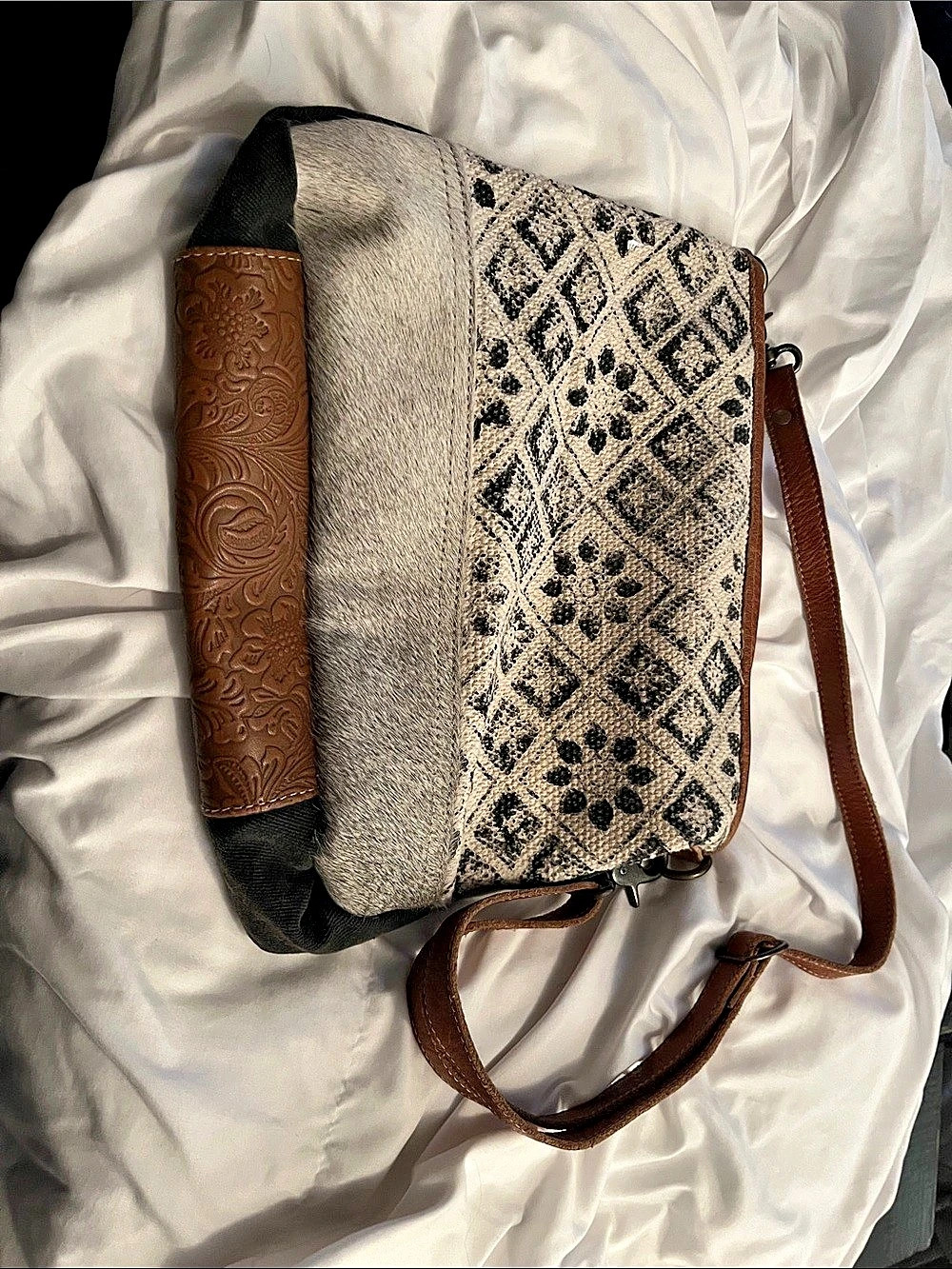 Myra Bag Tessellated Shoulder Bag S-2861 Tooled Leather Hairon Crossbody Western